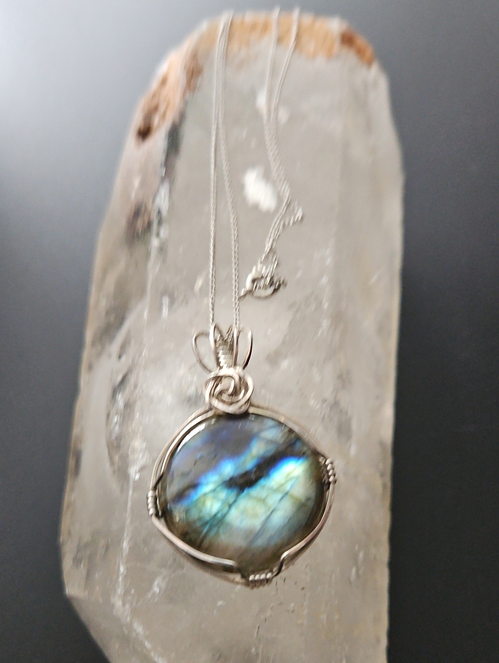 Vintage Handmade Big Labradorite Pendant Necklace in  Sterling Silver